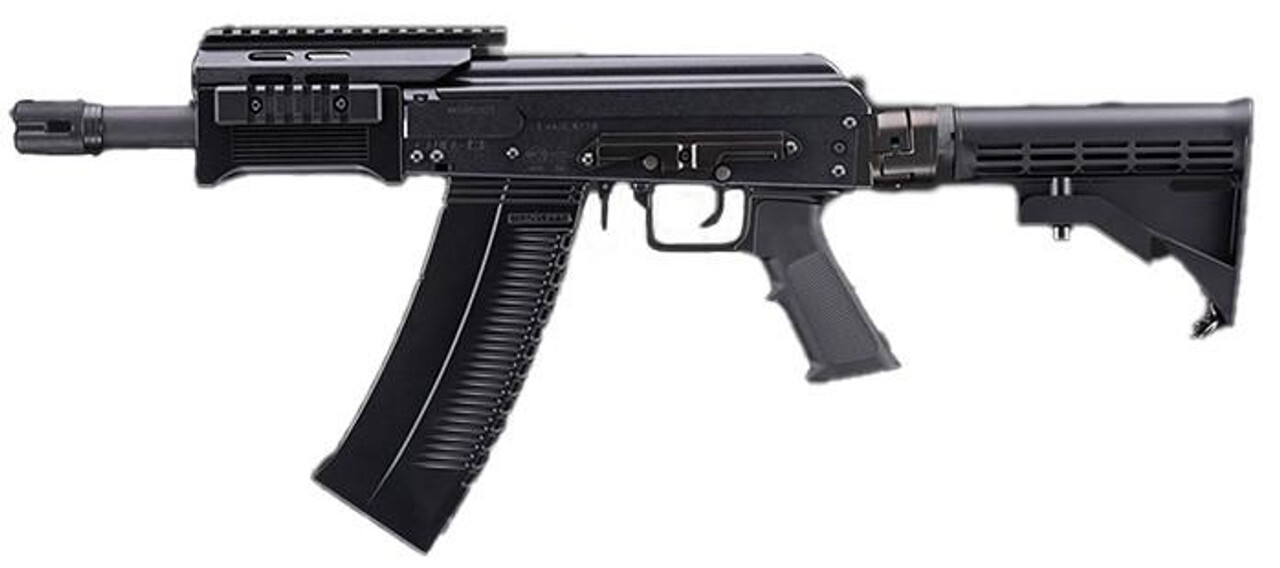 Close-up of the Tokyo Marui SAIGA-12 SBS Tri-Shot GBB Airsoft Shotgun in black, featuring a realistic tactical design with a short barrel, side-folding stock, and tri-shot gas-powered system—available now at Airsoft Station.