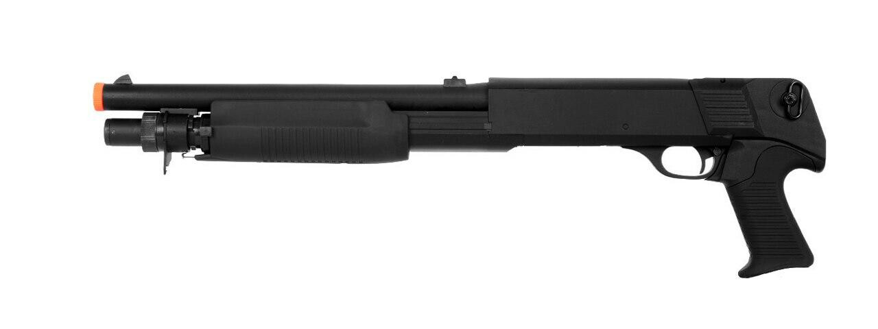 Double Eagle M56B Multi-Shot Airsoft Shotgun in black with tri-shot pump-action design, fixed stock, and durable build—perfect for close-quarters skirmishes, available at Airsoft Station.